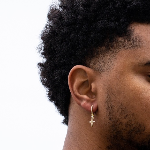 Iced 14K Gold Plated Mens Streetwear Dangle Hanging Cross Drop Hoop Earrings - Picture 4 of 5